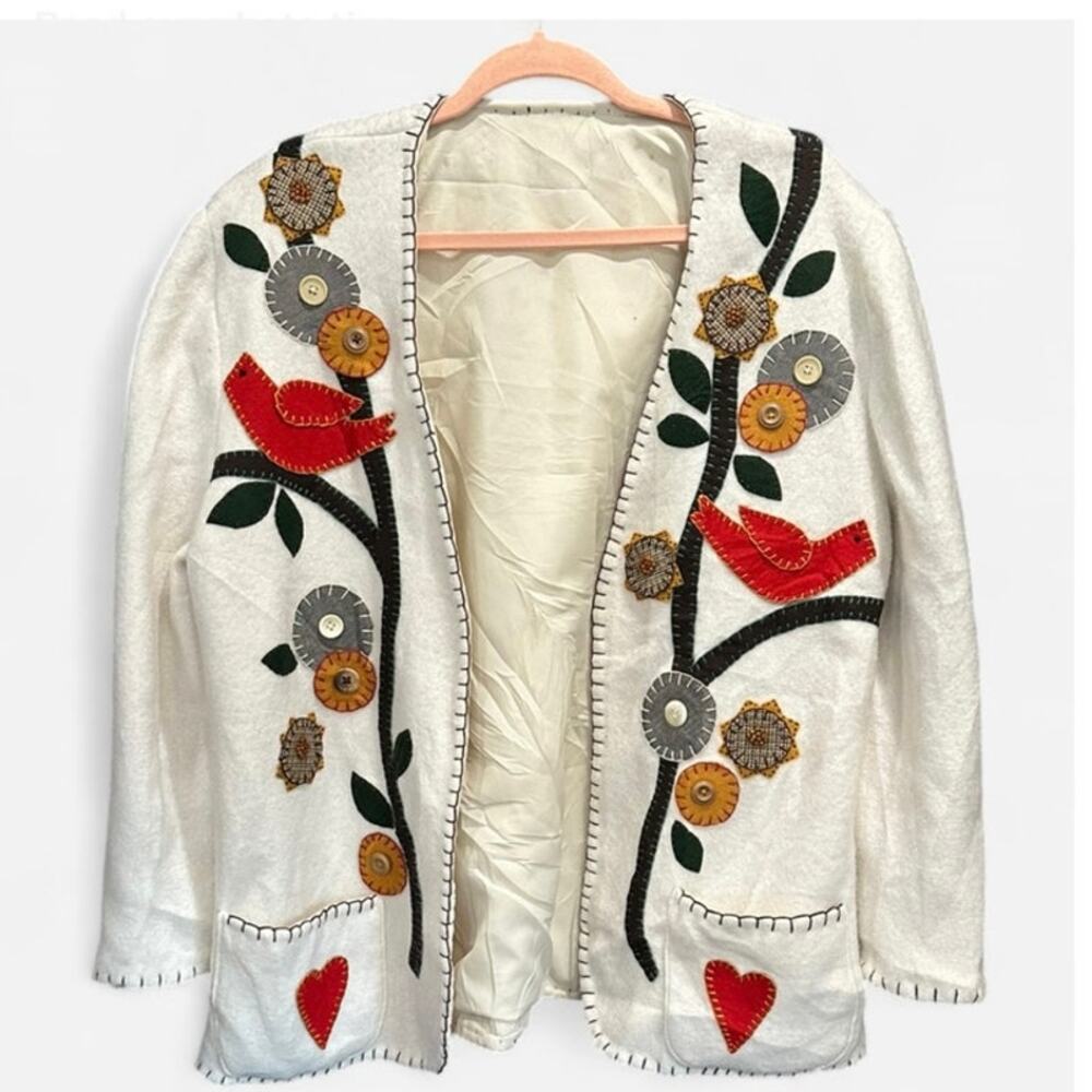 Handmade Fleece Folk Art Jacket Embroidered Patchwork Oversized Boho Cottagecore - Picture 2 of 10